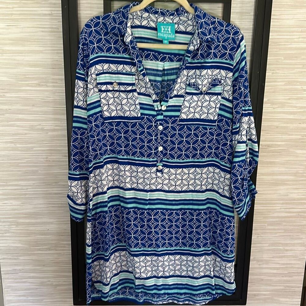 Escapada blue and white print nautical swimwear cover-up rayon long sleeve sleev